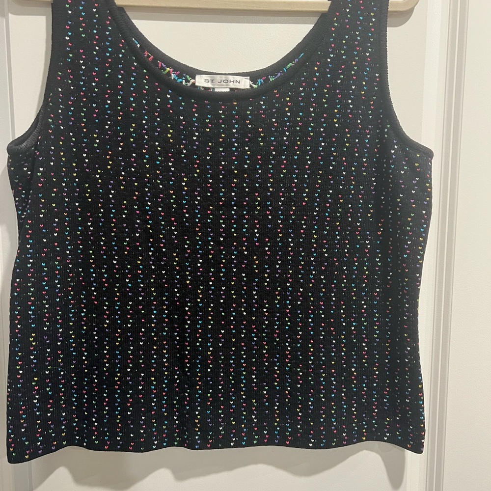 St. John Black Knit Tank Top with Colorful Hearts